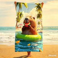 Cute Capybara Microfiber Beach Towel Watermelon Bath Towel Quick Dry Sand Free Swimming Blanket for Kids Adult Travel Gym 50x100cm blue
