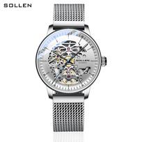 SOLLEN 202 Stylish Minimalist Skeleton Automatic Mechanical Watch Two Straps Option Ultra-Thin Male Self-Winding Timepieces Gift gray
