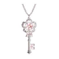 Cherry Blossom Key Necklace Pendant Choker Romantic Jewelry Pink Enamel Alloy Gift for Women Girlfriend Mom