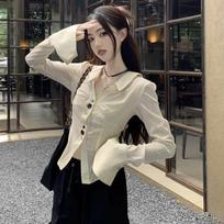French pure and alluring design long-sleeve shirt for women, spring/summer slimming short spicy girl top with lace-up straps s (recommended 42.5-47.5kg ) gray