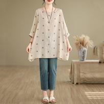 Short Sleeve Plus Size Cotton Vintage Polka Dot Casual Loose Long Tops Women Summer T-shirt mėlyna