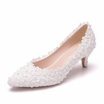 Women Pumps Spring Brand Design Lace Pointed Toe Slip On PU 5CM Thin high heels String Bead Dress Sandals Women Shoes white 34 balta