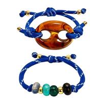 Pack Of 2 Stylish Two Tone Pig Nose Bracelets For Women Trendy Adjustable Rope Handmade Jewelry Fashion Accessories mėlyna