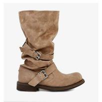 Mid-Tube Boots Fashion New Round Toe Sleeve Metal Buckle Pleated Anti-Slip Wear-Resistant Single Boots 35