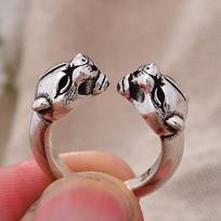 New Arrival Luxury Brand Double Leopard Head Animal Thai Silver Unisex Open Party Rings For Women Men`s Gifts resizable