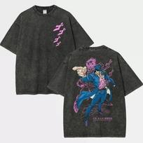 Anime JoJos Bizarre Adventure Joutarou Kuujou Graphic T Shirt Men Clothing Cotton Tshirt Vintage Washed Tee Harajuku Tshirt S black