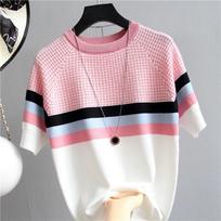 Vintage Ladies Tops Striped Summer Blouse Pink Elasticity Short Sleeve Blue WoMen'S Blouse One Size rožinė