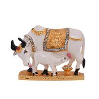 Collectible India Metal Kamadhenu Cow with Calf IdolWhite & Golden, gray