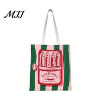 Canvas Tote Bag Striped Tote, Sardine Can Pattern, Reusable Shopping Bag, Foldable Heavy Duty for Women Men Gym Beach Daily Commuting Womens Casual white