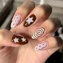 Contemporary Press On Artificial Nail With Geometric Dot Star Pattern In Sweet Pink Brown Cake Colorway 1 beige