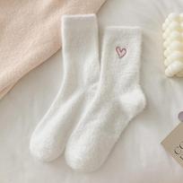 5 Pairs Thickened Middle Tube Socks Mink Fur Pink Embroidered Heart-shaped Women Autumn Winter Warm Sleep Home Solid Color Plush Sock one size