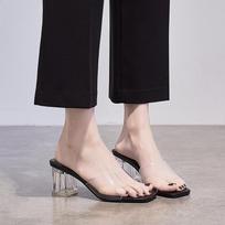 Vasaros Seksualios Moterys 7cm Aukštakulniai Sidabrinės Šlepetės Moteriškos Kvadratiniu Kulnu Skaidrios Žemakulnės Šlepetės Juodos Mules Skaidrūs Batai 36 juoda