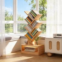 Tree-shaped Wooden Bookshelf Floor-to-ceiling Space-saving Shelf Living Room Storage Shelf Display Shelf Library Furniture beige