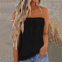 Women Fashion Off Shoulder Tube Top Casual Loose Fit Summer Hollow Out Blouse Lightweight Breathable Sleeveless Shirt S