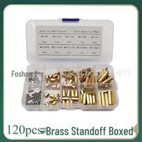 120 vnt. žalvarinių tarpiklių rinkinys M2.5*6/10/15/20 vidinis-išorinis varžtas-veržlės derinys 120pcs Boxed Brass M2.5 Standoffs Screws Nuts
