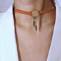 Women Bohemian Choker Boho Feather Bead Pendant Brown Leather Chain Necklace  Lady Jewelry Party Gift