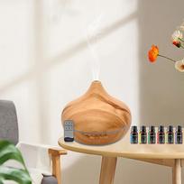 6 Oil Set and Remote Control Diffuser, Ultrasonic Humidifier, 7 Color LED  550ml Aroma Diffuser light wood grain beige