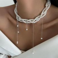 Elegant Multilayer Imitation Pearl Choker Necklace For Women Vintage Creative Tassel Pendant Necklace Wedding Jewelry A2