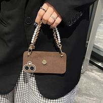 Prabangus Camellia Crossbody grandinėlės telefono dėklas, skirtas iPhone 13-16 Pro Max iPhone 15 Pro Max brown