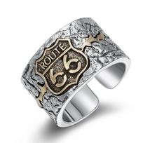 Trendy Retro Minimalist Road To Freedom Route 66 Male Motorcycle Punk Ring adjustable opening black