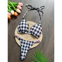 Plaid Printed Halter Mini Micro Thong Bikini Women Swimwear Female Swimsuit Two-Pieces Bikini Set Bather Bathing Suit Swim S gray