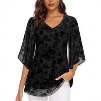 Women's V Neck Flare Sleeve Blouse Black Floral Print Chiffon Sheer Sleeve Top 0XL juoda