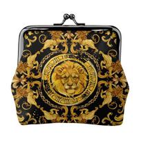 Golden Lion Baroque Print Leather Coin Purse Small Kiss-Lock Change Pouch Clasp Closure Buckle Wallet for Women Girls Daily Use