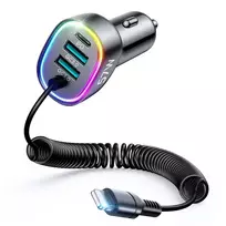 Joyroom JR-CL20 automobilinis įkroviklis, 57W, 2xUSB-A QC3.0, USB-C PD ir integruotas 1,6m Lightning laidas, juodas