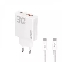 GaN Dudao A30EUT 30W USB-A / USB-C sieninis įkroviklis + USB-C - USB-C kabelis - baltas