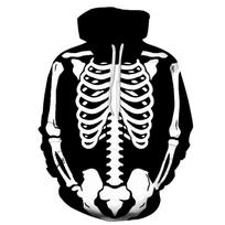 Halloween Full Back Skeleton Bones Print Hoodie, Skull Skeletal Graphic Pullover Hooded Sweatshirt Costume XS white