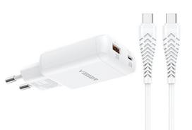 Telefono įkroviklis USB A + Type C PD 65 W + duomenų perdavimo kabelis Type C į C 100 W VEGER TR122, baltas