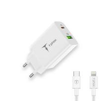 SIENINIS ĮKROVIKLIS T-PHOX SPEEDY USB-C 20W/USB 18W PD QC + LAIDAS LIGHTNING 1M BALTAS