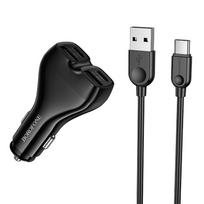 Juodas automobilinis įkroviklis Borofone BZ35 Leader – 2 x USB-C + USB, PD 30W, su USB–USB-C laidu
