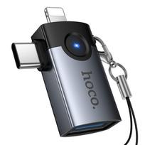 Hoco UA46D Victory „2 viename“ Lightning / USB-C–USB-A OTG adapteris – pilkas