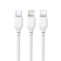 XO NB103 USB-A laidas „3 viename“ su Lightning, USB-C ir Micro-USB jungtimis, 1 m, 2,1 A – baltas