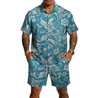 Men Short Sleeve Button Down Shirt and Shorts Set with Floral Print Lightweight Fabric Summer Outfit S gray