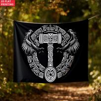 Norse Thor Hammer Mjolnir Viking Tapestry Nordic Mythology Wall Art Black White Design Norse God Odin Home Decor Bedroom 150x100cm(60x40in) white