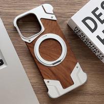 Armor Walnut Wood Metal Frameless 360 Rotation Holder Magnetic Phone Case For iPhone 16 Pro