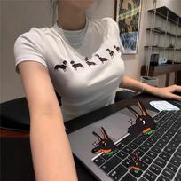 Cute Dachshund Dog Print Crop Top, Slim Fit Short Sleeve T‑Shirt Casual Women Tees L pilka