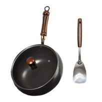 Non-Stick Cast Iron Wok with Lid & Spatula 24/28cm Large Belly Frying Pan for Stir-Fry Soup Uncoated & Scratch-Resistant Induction Compatible 24cm A