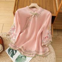 women traditional chinese floral embroidery blouse mandarin collar frog button three-quarter sleeve casual linen blend top 2XL raudona