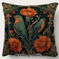 Birds & Poppies Pillow Cover Vintage Floral Botanical Print Teal Orange Bird Cushion Case For Sofa Bed Couch Boho Decor 30X30CM