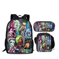 Monster High 17-Inch Cartoon Backpack 3-Piece Set, Large Capacity Student School Bag Pencil case