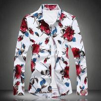 Men 's Fashion Autumn Large Size Cotton Satin Flower Shirt Casual Sharpen Lapel Long-Sleeved Shirts M