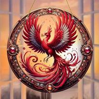 Vintage Acrylic Christmas Phoenix Suncatcher, 2D Round Acrylic Hanging, Stained Glass Style Window Decor for Farmhouse Garden and Yard 15*15cm red