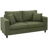 Dvivietė vakšini audinio sofa su plačia gilia sėdimąja dalimi ir spyruokliniu bloku, žalia