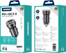 JELLICO automobilinis įkroviklis F4 PD 20W 1xUSB-C + 1xUSB QC3.0 + USB-C laidas Juodas