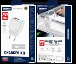 JELLICO sieninis įkroviklis EU11 PD 20W 1xUSB-C + 1xUSB QC3.0 + USB-C laidas - Lightning Baltas