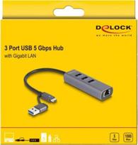 DeLOCK 3 prievadų USB 5Gbps šakotuvas + Gigabit LAN su USB Type-C, prijungimo stotis (pilka)
