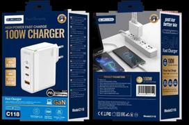 JELLICO sieninis įkroviklis C118 GaN PD 100W 2xUSB-C + 1xUSB QC3.0 + USB-C laidas - Lightning Baltas